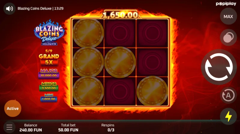 Blazing Coins Deluxe respiny herní obrazovka
