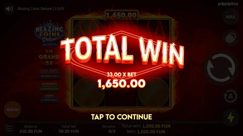 Blazing Coins Deluxe respiny celková výhra